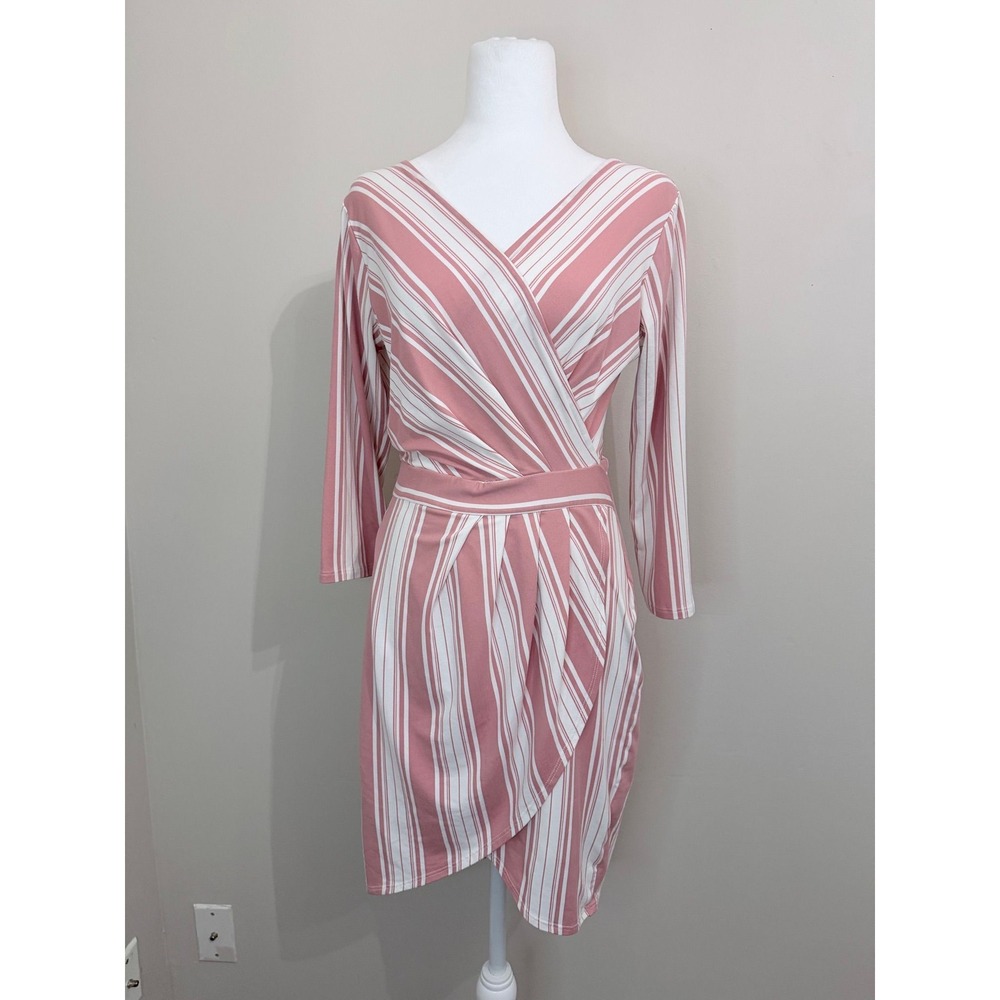 Size L - Pink White Striped Wrap Dress